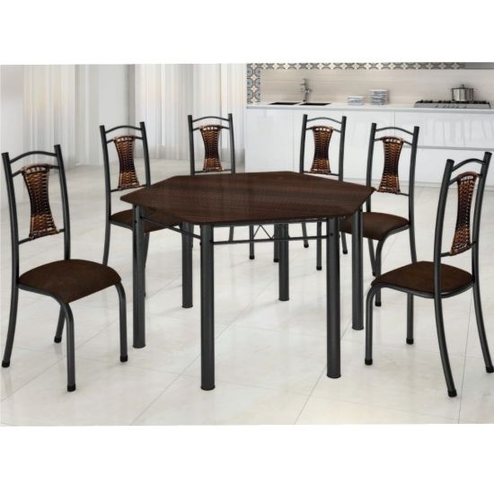 Conjunto Madmelos 06 cadeiras com encosto tampo de ardosia Madeirado sextavada - Preto