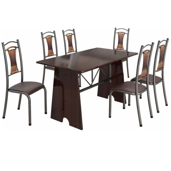 Conjunto Madmelos 6 cadeiras com encosto em junco tampo e base de pedra ardosia madeirado  - craqueado preto