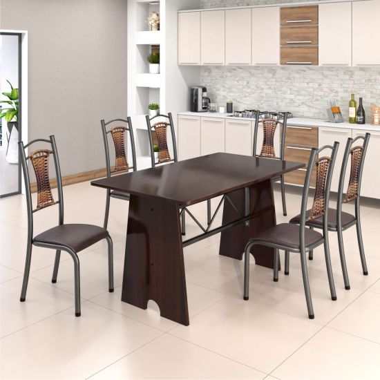 Conjunto Madmelos 6 cadeiras com encosto em junco tampo e base de pedra ardosia madeirado  - craqueado preto