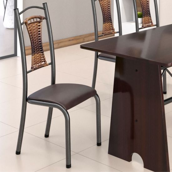 Conjunto Madmelos 6 cadeiras com encosto em junco tampo e base de pedra ardosia madeirado  - craqueado preto