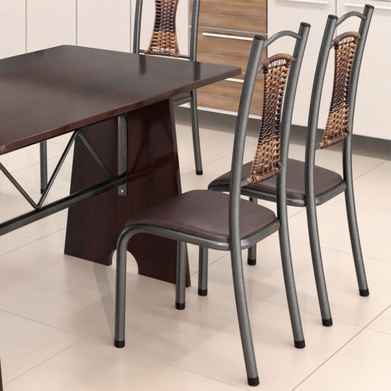 Conjunto Madmelos 6 cadeiras com encosto em junco tampo e base de pedra ardosia madeirado  - craqueado preto