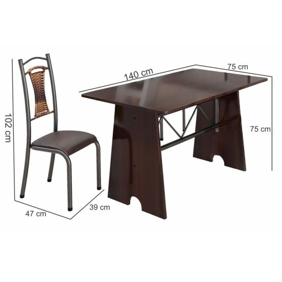 Conjunto Madmelos 6 cadeiras com encosto em junco tampo e base de pedra ardosia madeirado  - craqueado preto