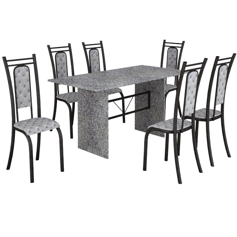 Conjunto de Mesa Teixeira tampo e pés de granito ocre com 6 cadeiras craqueadas - Preto