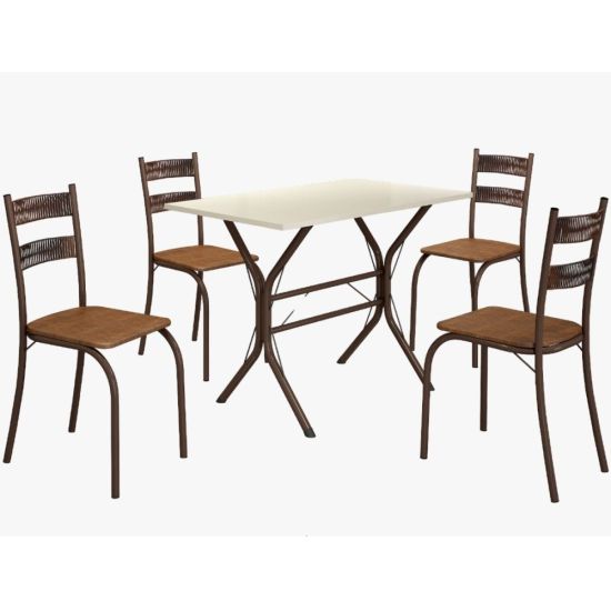 Conjunto de Mesa Teixeira Macaé Cabo Frio com 4 cadeiras com encosto em Ratam tampo em pedra Marrom OFF White