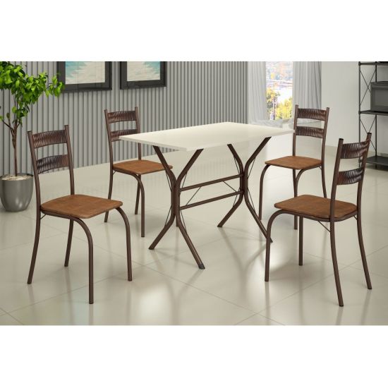 Conjunto de Mesa Teixeira Macaé Cabo Frio com 4 cadeiras com encosto em Ratam tampo em pedra Marrom OFF White