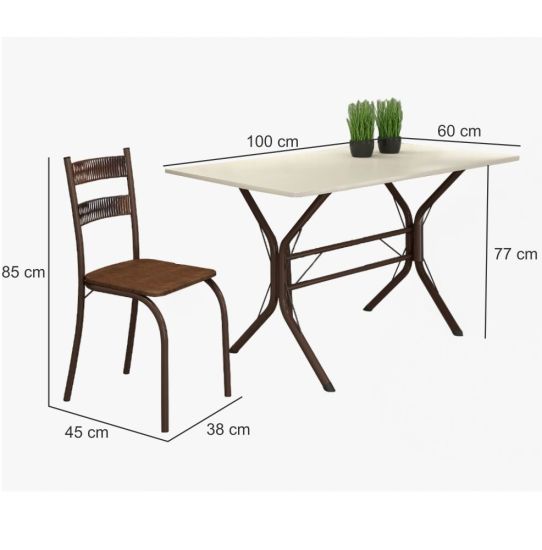 Conjunto de Mesa Teixeira Macaé Cabo Frio com 4 cadeiras com encosto em Ratam tampo em pedra Marrom OFF White