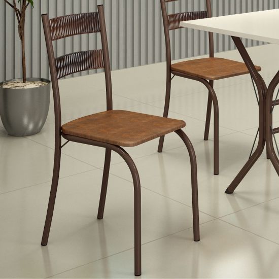 Conjunto de Mesa Teixeira Macaé Cabo Frio com 4 cadeiras com encosto em Ratam tampo em pedra Marrom OFF White