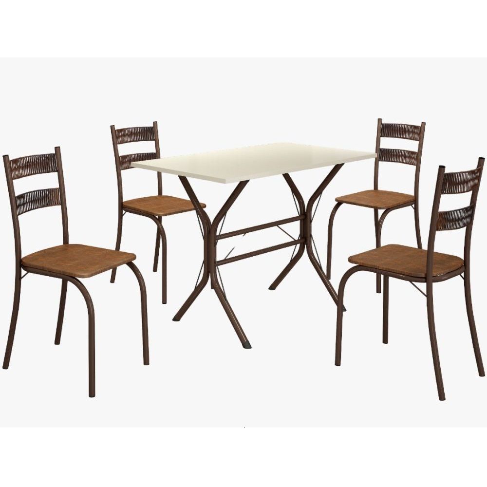 Conjunto de Mesa Teixeira Macaé Cabo Frio com 4 cadeiras com encosto em Ratam tampo em pedra Marrom OFF White