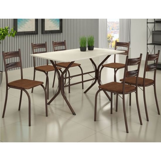 Conjunto de Mesa Teixeira Macaé Cabo Frio com 6 cadeiras com encosto em Ratam tampo em pedra Marrom OFF White