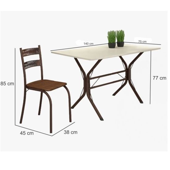 Conjunto de Mesa Teixeira Macaé Cabo Frio com 6 cadeiras com encosto em Ratam tampo em pedra Marrom OFF White