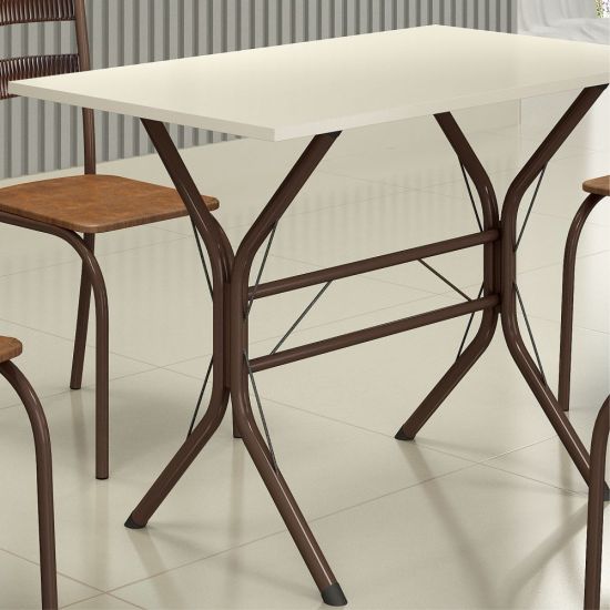 Conjunto de Mesa Teixeira Macaé Cabo Frio com 6 cadeiras com encosto em Ratam tampo em pedra Marrom OFF White