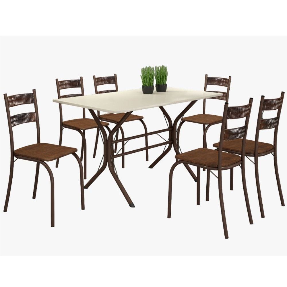 Conjunto de Mesa Teixeira Macaé Cabo Frio com 6 cadeiras com encosto em Ratam tampo em pedra Marrom OFF White