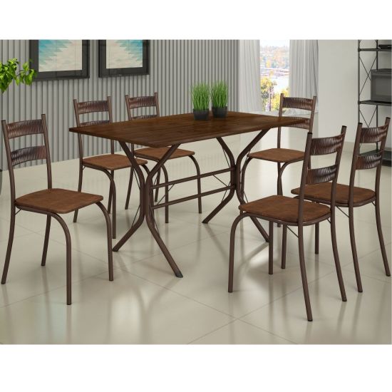 Conjunto de Mesa Teixeira Macaé Cabo Frio com 6 cadeiras com encosto em Ratam tampo em pedra Marrom Madeirado