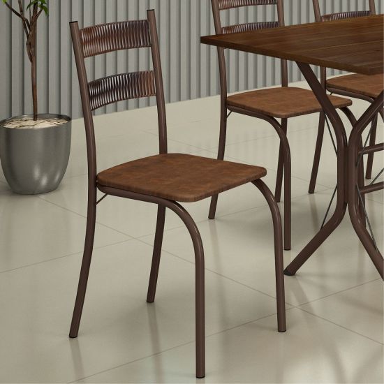 Conjunto de Mesa Teixeira Macaé Cabo Frio com 6 cadeiras com encosto em Ratam tampo em pedra Marrom Madeirado