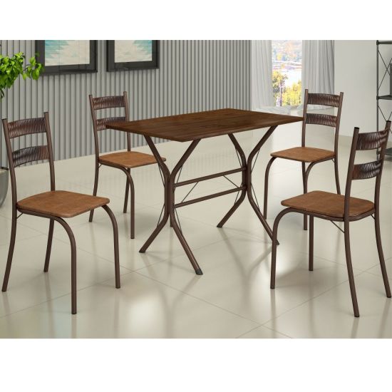 Conjunto de Mesa Teixeira Macaé Cabo Frio com 4 cadeiras com encosto em Ratam tampo em pedra Marrom Madeirado