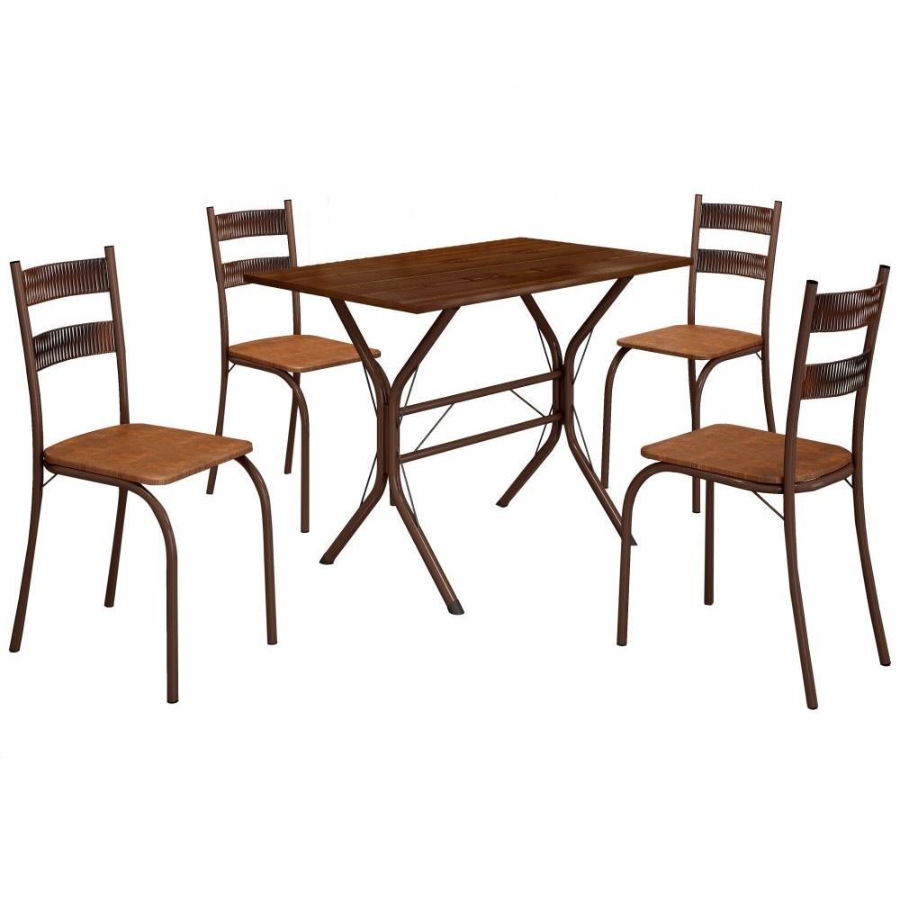 Conjunto de Mesa Teixeira Macaé Cabo Frio com 4 cadeiras com encosto em Ratam tampo em pedra Marrom Madeirado