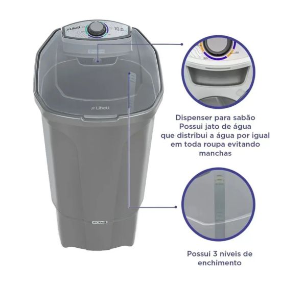 Tanquinho lavadora Libell 10 kilos semiautomática com lavagem por turbilhonamento 127V Prata