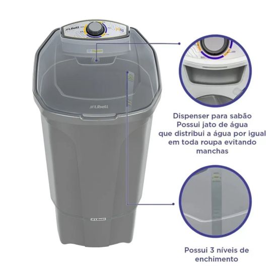 Tanquinho lavadora Libell 14 kilos semiautomática com lavagem por turbilhonamento 127V Prata