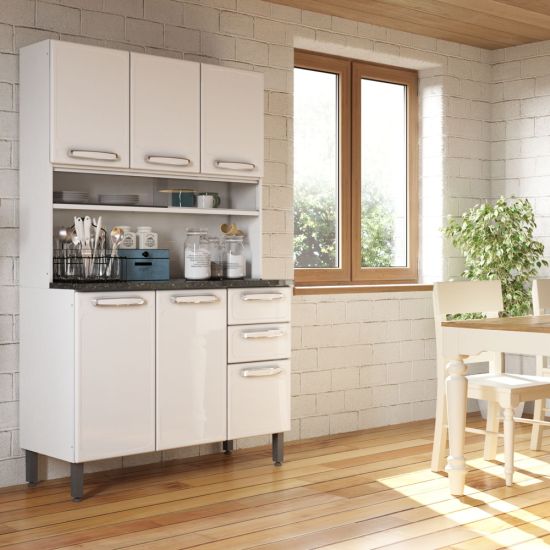 Kit de Cozinha Bertolini Evidence em aço R715667046 com 6 portas 2 gavetas e vidro largura de 120 cm Branco