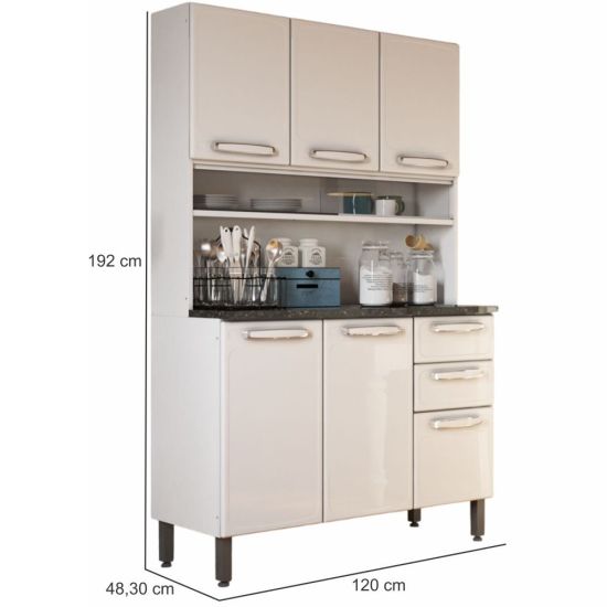 Kit de Cozinha Bertolini Evidence em aço R715667046 com 6 portas 2 gavetas e vidro largura de 120 cm Branco