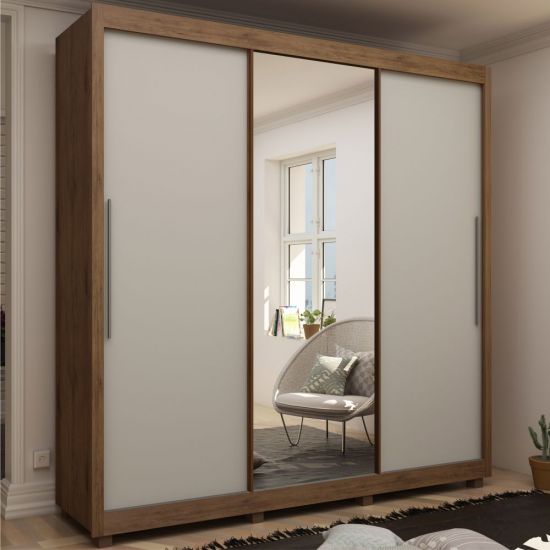 Guarda Roupas casal Gelius Royale com 228,5 cm de Largura 3 portas de correr com espelho - Madeirado/OFF White