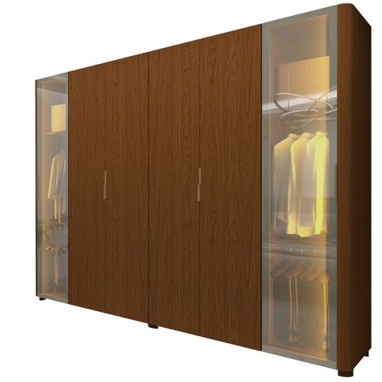 Guarda Roupa de Casal Gelius Innova 100% MDF com 250 cm de Largura 6 portas com 2 portas de vidro reflecta 4 gavetas com pés e LED Castanho