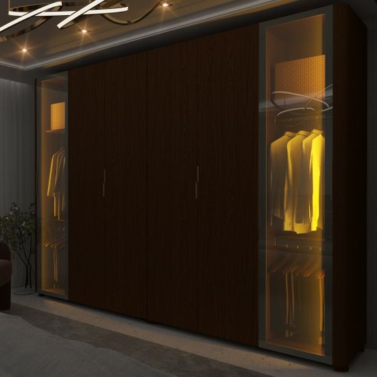 Guarda Roupa de Casal Gelius Innova 100% MDF com 250 cm de Largura 6 portas com 2 portas de vidro reflecta 4 gavetas com pés e LED Castanho