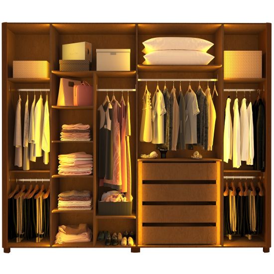 Guarda Roupa de Casal Gelius Innova 100% MDF com 250 cm de Largura 6 portas com 2 portas de vidro reflecta 4 gavetas com pés e LED Castanho