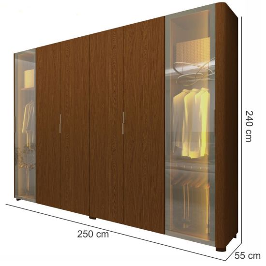 Guarda Roupa de Casal Gelius Innova 100% MDF com 250 cm de Largura 6 portas com 2 portas de vidro reflecta 4 gavetas com pés e LED Castanho
