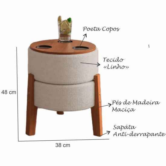 Puff Banqueta JM Veneza Porta Copos em tecido linho pés de madeira maciça Bege