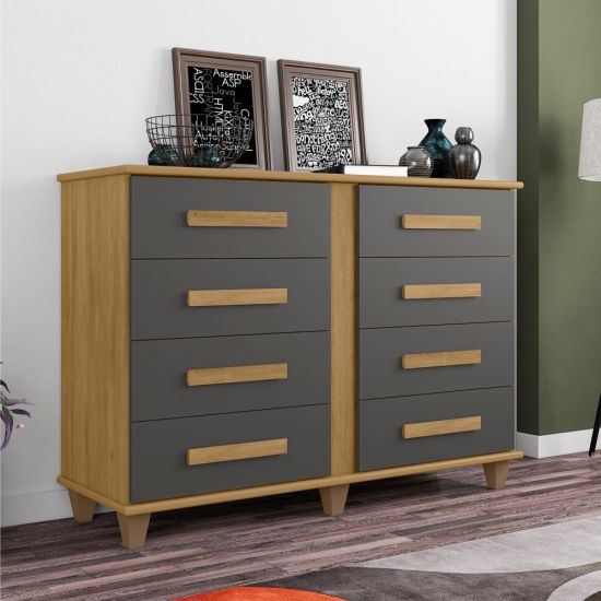 Cômoda RV Móveis Geórgia 8 gavetas e largura de 136 cm e pês Cinamomo Grafite