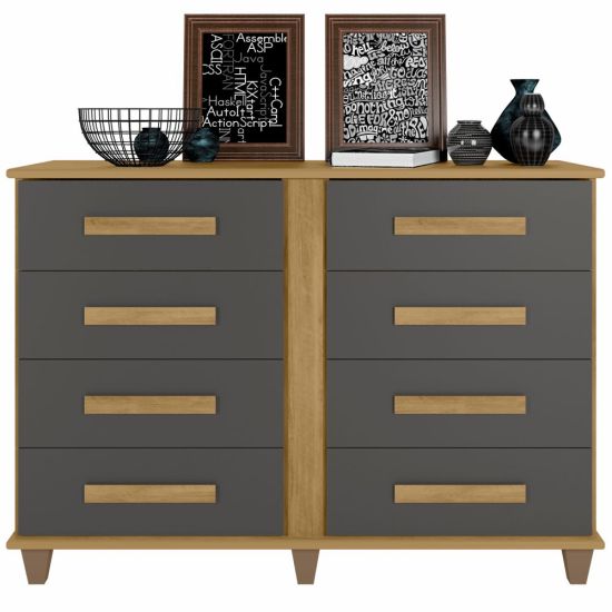 Cômoda RV Móveis Geórgia 8 gavetas e largura de 136 cm e pês Cinamomo Grafite