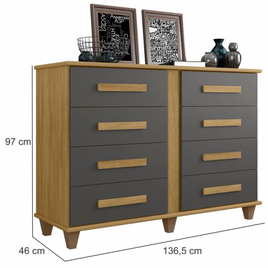 Cômoda RV Móveis Geórgia 8 gavetas e largura de 136 cm e pês Cinamomo Grafite