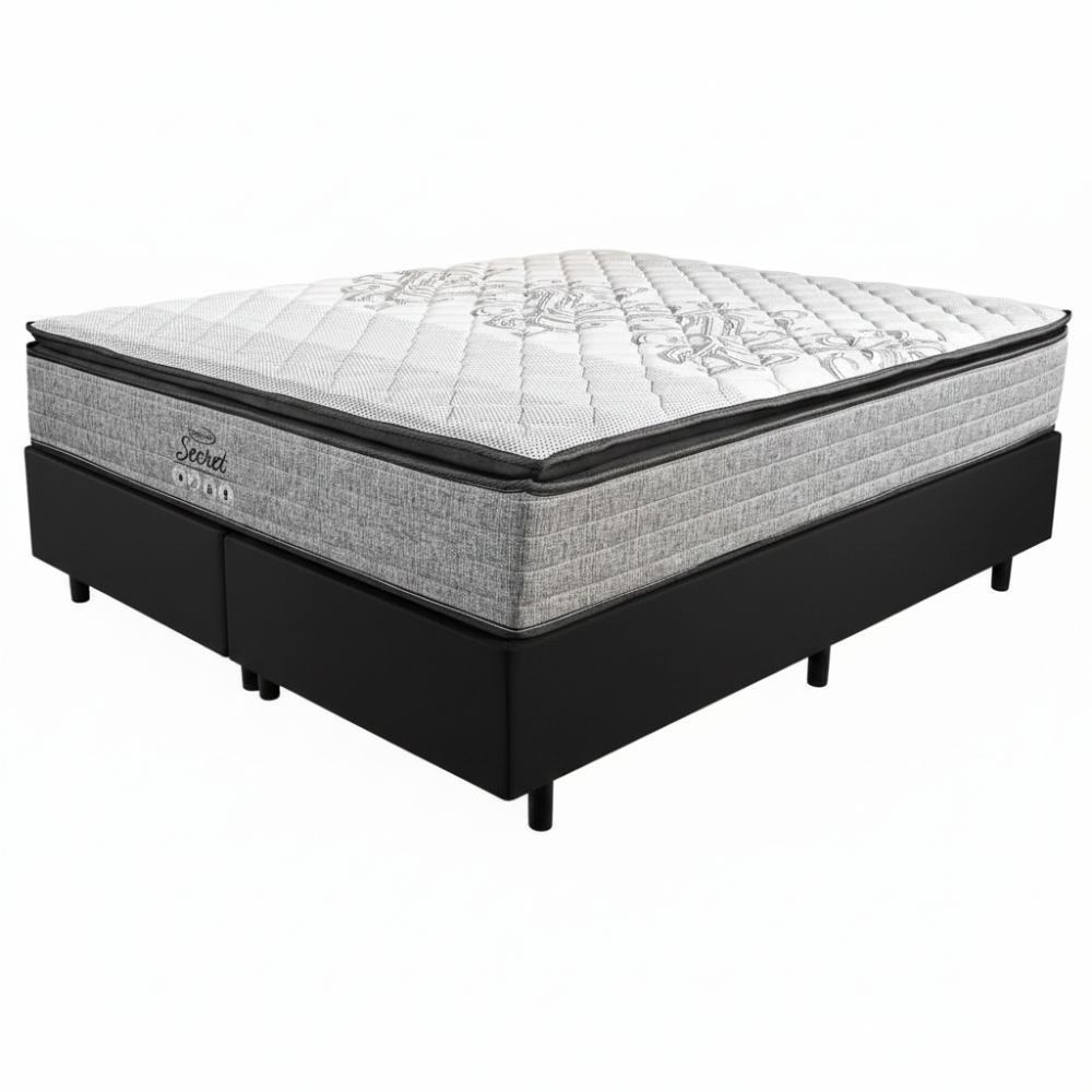 Cama Box Casal Queen Ortho Secret em molas ensacadas com base Gazin Sommier 158 cm Cinza Preto
