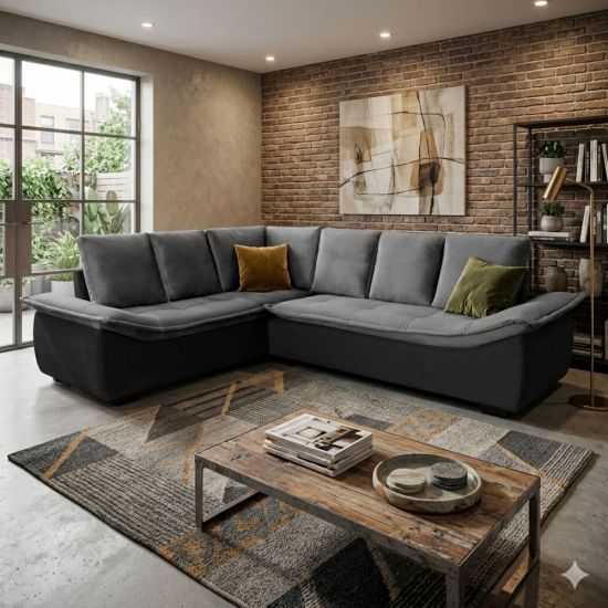 Sofá de Canto Hellen Alphaville Plus 6 lugares braço divã formato de “L” Grafite Preto